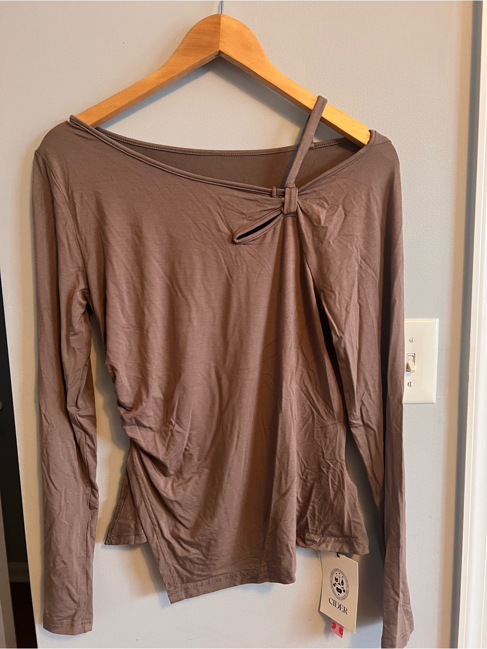 Cider Brown Long-Sleeve Top with Asymmetric Knot